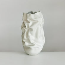 Unique Ceramic Sculpture Vessel, Tall White Slashed Crumpled Form N.60, Objet d'Art