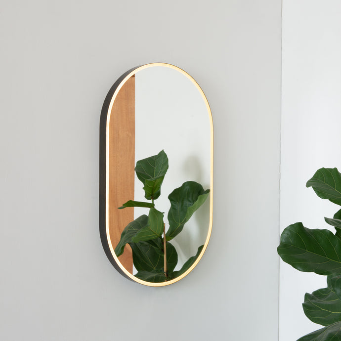 Capsula™ Front Illuminated Capsule shaped Mirror with Bronze Patina Brass Frame, Customisable