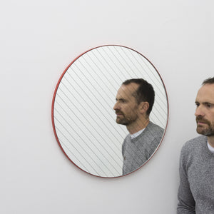 20% off Ready to Ship - Linus Round Mirror with Sand blasted Stripes and a Modern Red Frame