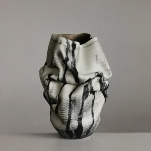 White Dehydrated Form Black Marking, Unique Ceramic Sculpture Vessel N.75, Objet d'Art