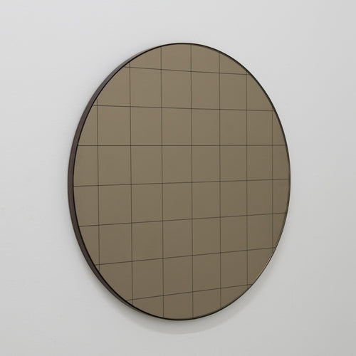 Orbis™ Bronze Tinted Round Mirror with an Etched Grid and a Patina Frame