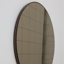 In Stock Orbis Bronze Tinted Round Mirror with Sandblasted Grid and a Bronze Patina Frame