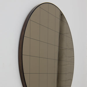 20% off Ready to Ship - Orbis Bronze Tinted Round Mirror with Sandblasted Grid and a Bronze Patina Frame