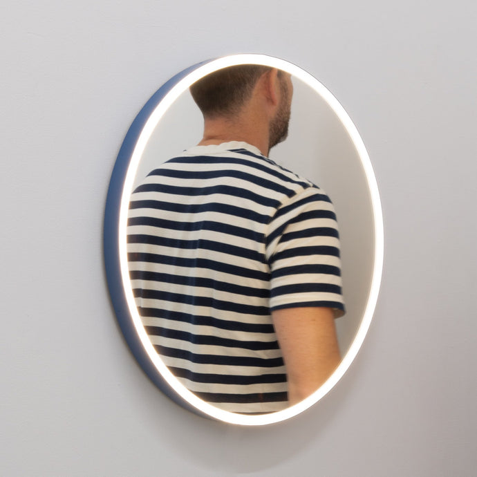 Orbis™ Front Illuminated Contemporary Round Mirror with a Blue Frame, Bespoke