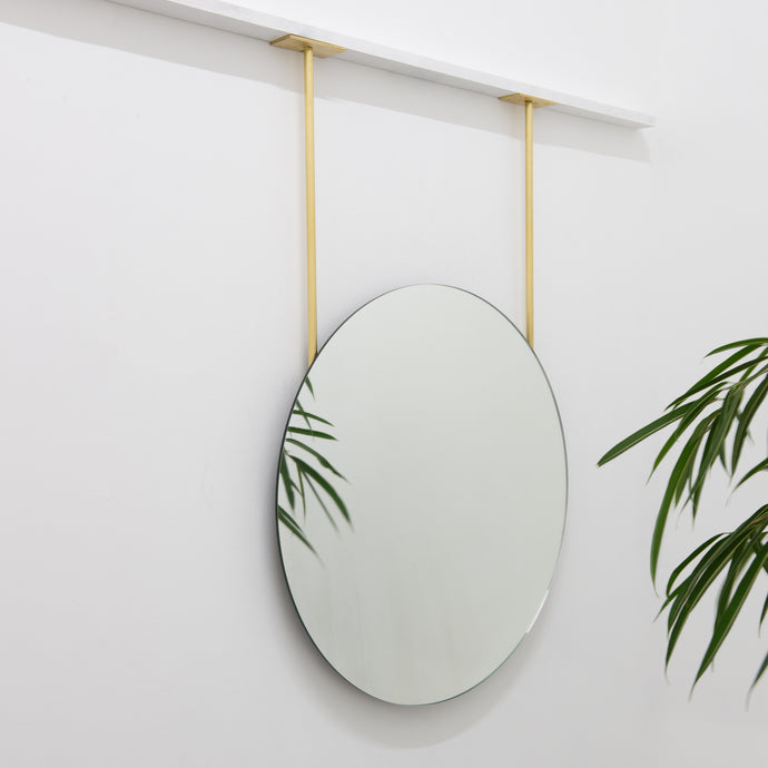 Orbis™ Frameless Ceiling Hanging Suspended Round Mirror with Two Brass Arms