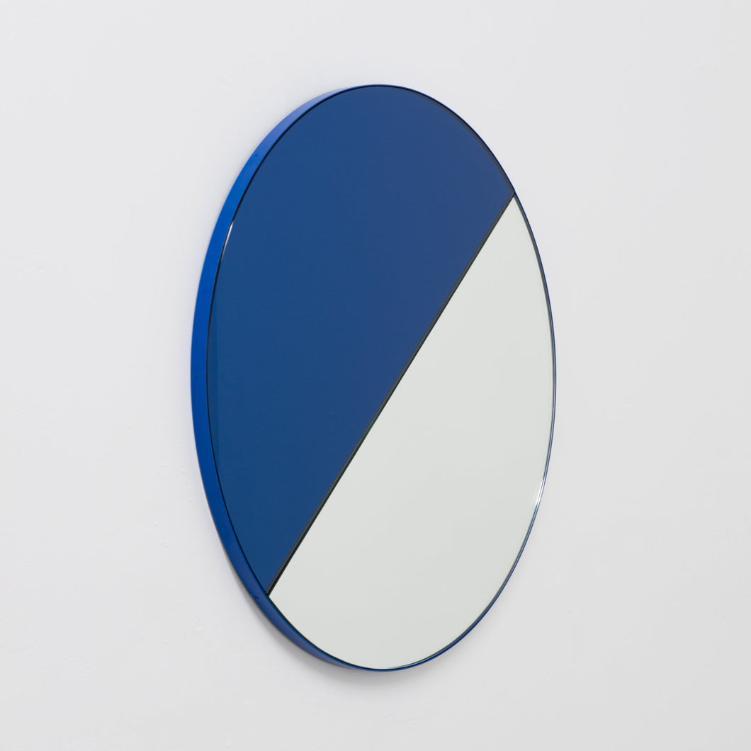 Orbis Dualis™ Mixed Tint (Blue + Silver) Contemporary Round Mirror with Blue Frame
