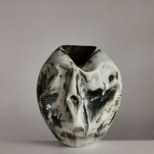 White Distorted Form with Green Glaze Highlights N.74, Ceramic Sculpture, Objet D'Art