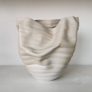 White Distorted Form with Green Glaze Highlights N.74, Ceramic Sculpture, Objet D'Art