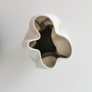 Unique Ceramic Sculpture Vessel Medium Tall White Crumpled Form N.52, Objet d'Art
