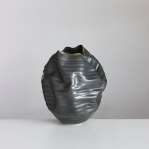 Unique Ceramic Sculpture Vessel, Black Ribbed Undulating Form N.58, Objet d'Art