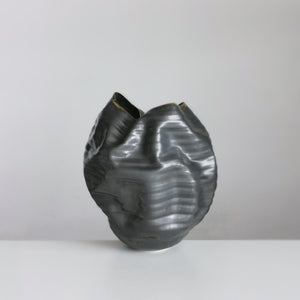 Unique Ceramic Sculpture Vessel, Black Ribbed Undulating Form N.58, Objet d'Art