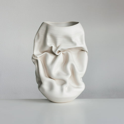 Unique Ceramic Sculpture Vessel White Crumpled Form Nicholas Arroyave-Portela