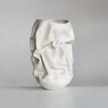 Unique Ceramic Sculpture Vessel Medium Tall White Crumpled Form N.50, Objet d'Art