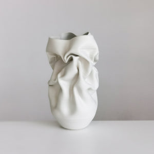 Unique Ceramic Sculpture Vessel Medium Tall White Crumpled Form N.52, Objet d'Art