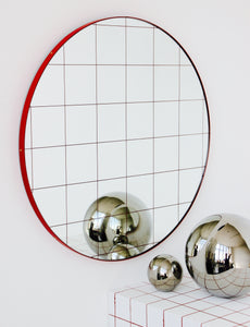 Orbis™ Red Grid Round Bespoke Contemporary Mirror with Modern Red Frame
