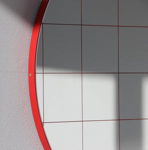 Orbis™ Red Grid Round Bespoke Contemporary Mirror with Modern Red Frame