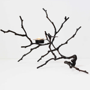 Bronze Cast Magnolia Twig Tealight Candle Holder With Dark Patina, Tall