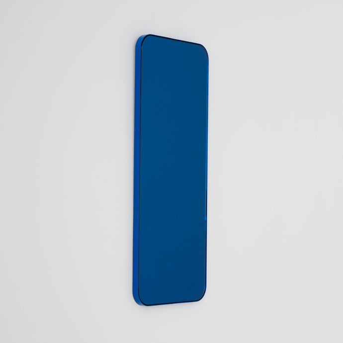 In Stock Quadris Rectangular Blue Tinted Contemporary Mirror with a Blue Frame
