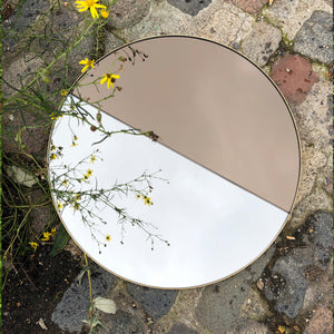 Orbis Dualis™ Mixed Tint (Silver + Bronze) Contemporary Round Mirror with Brass Frame