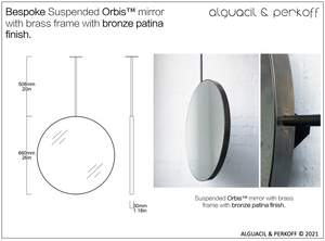 Bespoke suspended Orbis™ mirror with brass frame patina finish 26" Diamater
