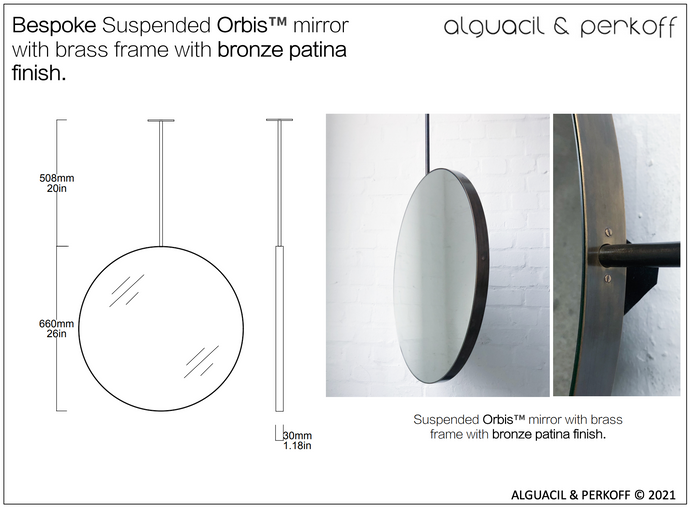 Bespoke suspended Orbis™ mirror with brass frame patina finish 26