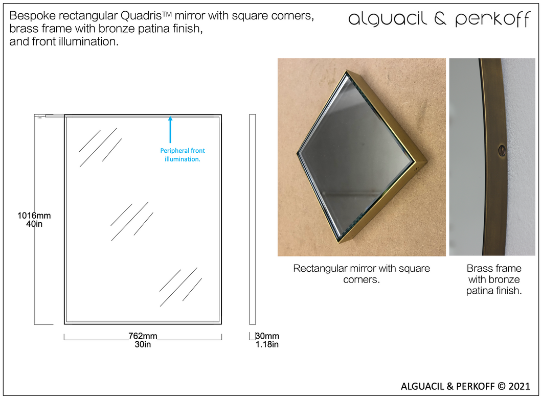 Customised rectangular Quadris™ mirror with brass frame with bronze patina and front illumination