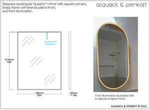 Bespoke rectangular Quadris™ mirror with brass frame with bronze patina and front illumination