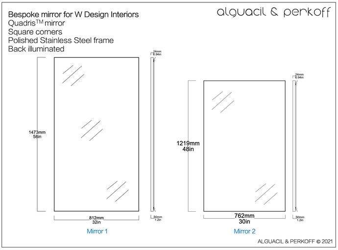 Set of Three Bespoke Quadris™ Mirrors Square Corners Polished SS Frame Back Illumination