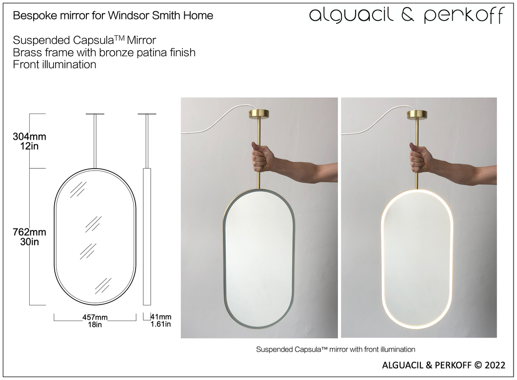 Bespoke Suspended Capsula™ Mirror Brass Frame With Bronze Patina Front Illumination 18x30