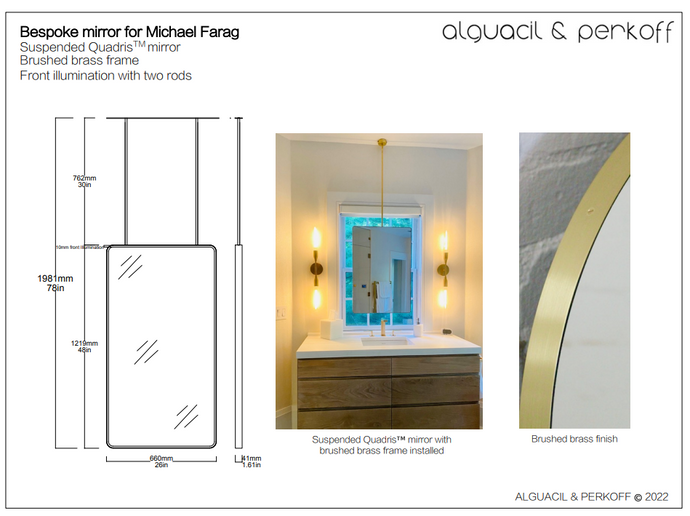 Bespoke Suspended Quadris™ Mirror Brass Frame Front Illumination  (1219 x 660 x 41mm)