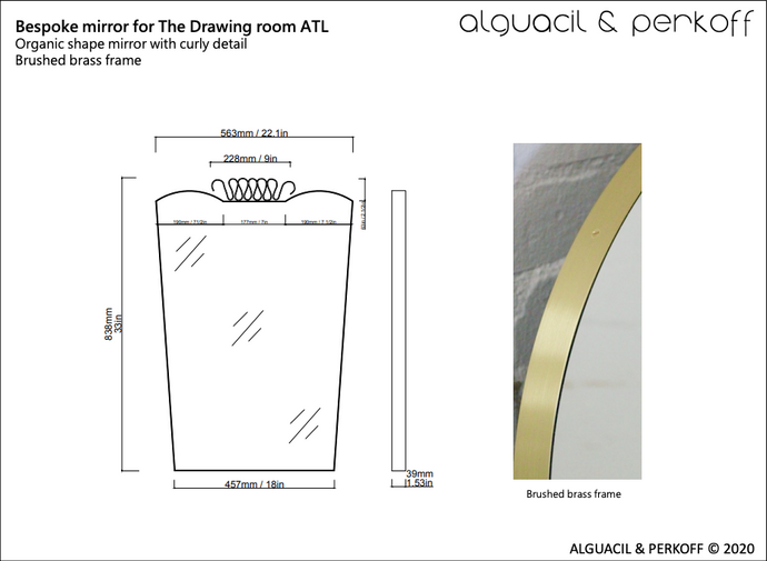 Bespoke Organic Shape Mirror with Curly Detail Brushed Brass Frame (883 x 559 x 39mm)