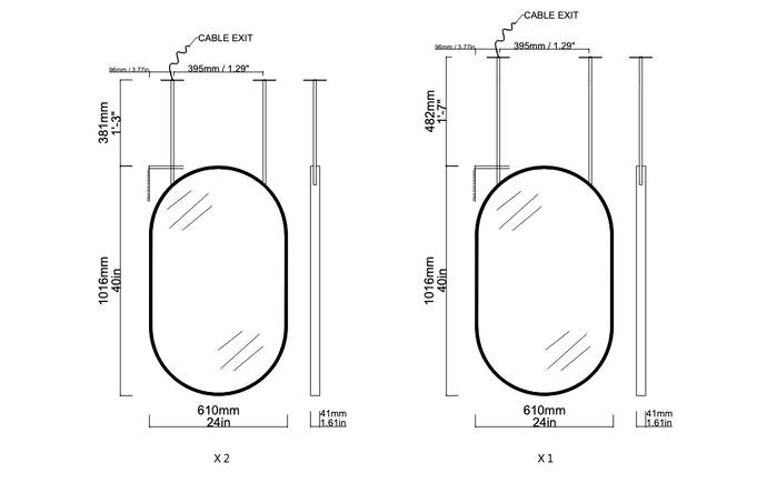 3 x Bespoke Suspended Capsula™ Mirrors Brass Frame Front Illumination   (1016 x 610 x 41mm)
