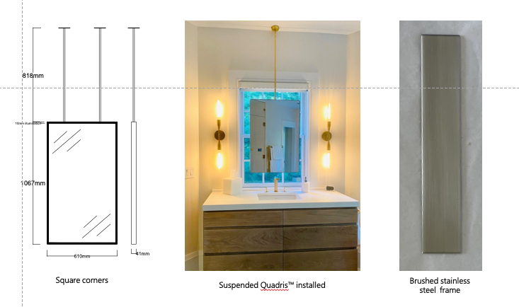Set of 2 Bespoke Suspended Quadris™ Mirror Brushed Stainless Steel Frame Double Sided Front Illumination One Side Two Rods (1067 x 610 x 41mm)