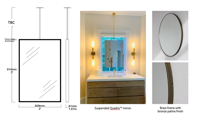Set of 2  Bespoke Suspended Quadris™ Mirror Brass frame Bronze Patina Finish Front Illumination 1 Rod (914 x 609x 30mm)