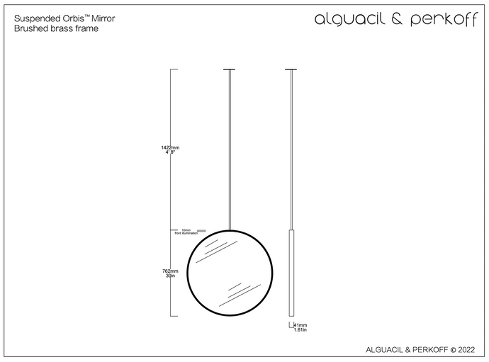 Bespoke suspended Orbis™ round mirror with brass frame and front illumination - 30