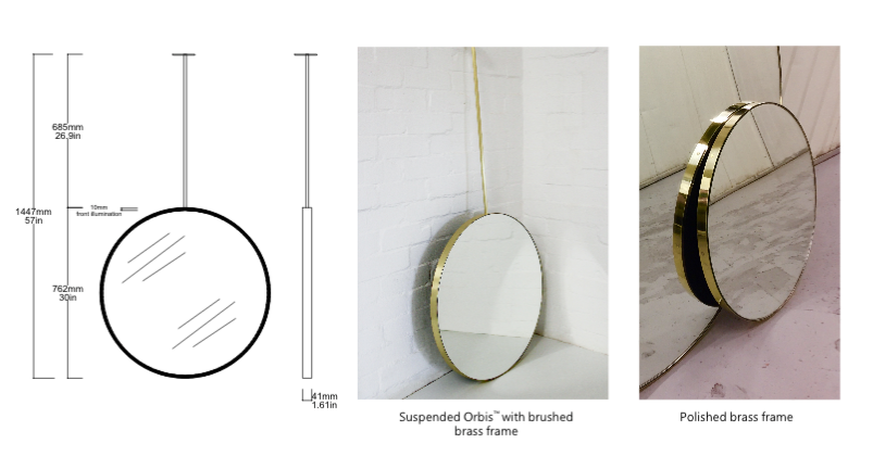 Set of 2 x Bespoke Suspended Orbis™ Round Mirror Polished Brass Frame Brass Backing (762 x 41mm)