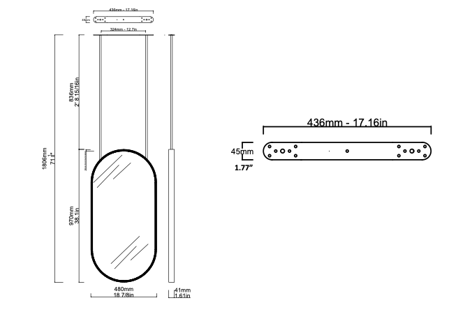 Set of 2 Bespoke Suspended Capsula Mirror Brushed Brass Frame Solid brass backing Front Illumination (970 x 480 x 41mm)