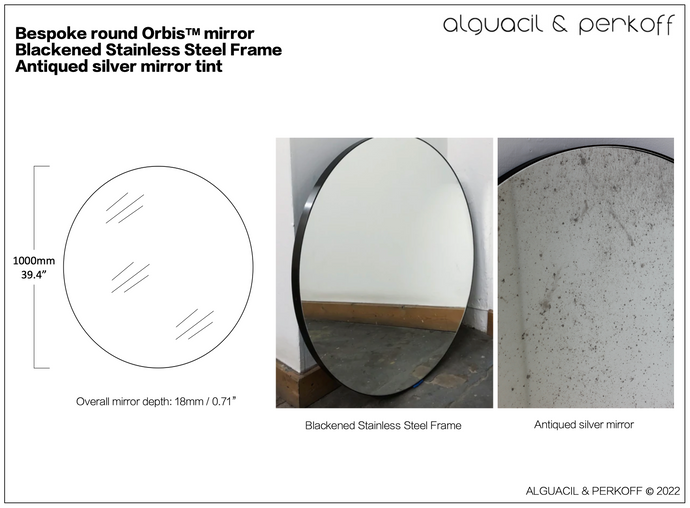 Bespoke Silver Antiqued  Round Orbis Mirror With Blackened SS Frame - 100cm Diameter