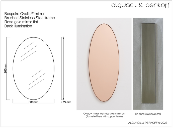 Bespoke Ovalis Mirror Rose Gold Tint Brushed SS Frame Back Illuminated 60x90cm