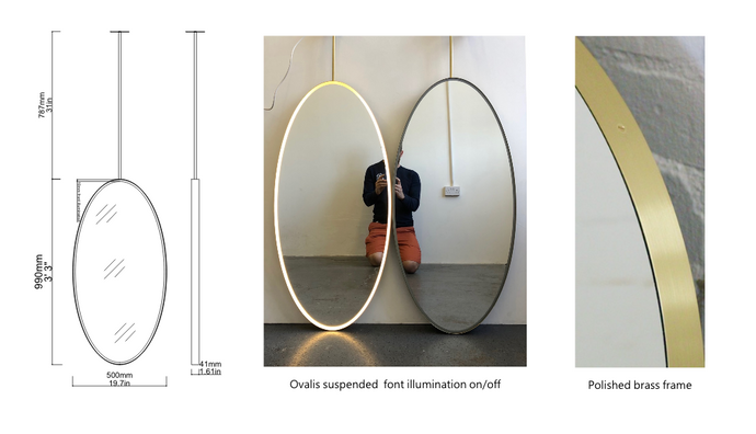 Bespoke Suspended Ovalis™ Brushed Brass Frame Front Illumination (991 x 500 x 41mm)