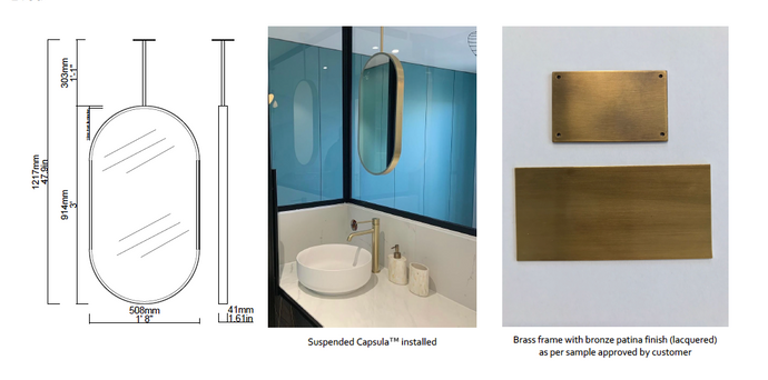 Bespoke Suspended Capsula™ Mirror with Standard Silver Tint Brass Frame with Bronze Patina Finish (lacquered) (914 x 508 x 41mm)