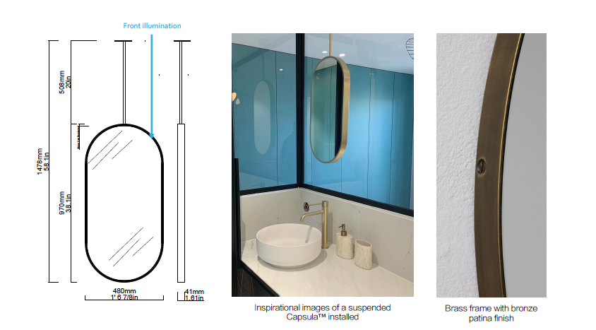 Bespoke Suspended Capsula™ Mirror Brass Frame with Bronze Patina Finish 1 Rod (970 x 480 x 41mm)