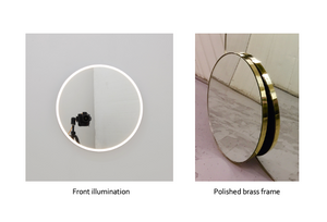 Bespoke Orbis™ mirror Standard Silver Tint Polished Brass Frame Front Illumination (500 x 30mm)