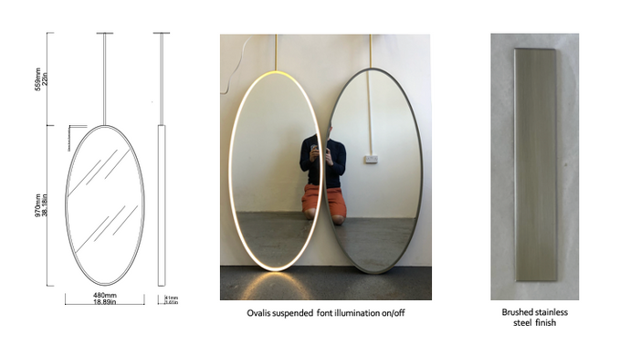 Bespoke Suspended Ovalis™ mirror Brushed Stainless Steel Frame Double Sided Front Illumination one Side (970 x 480 x 41mm) 